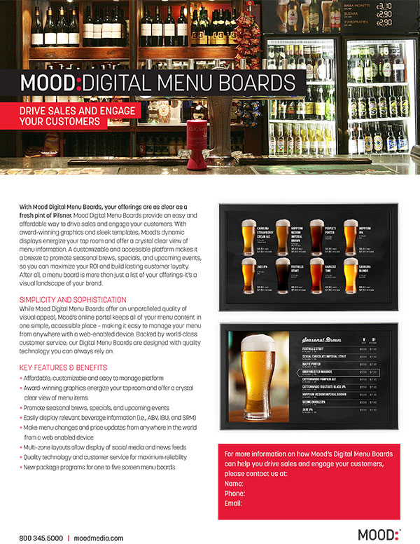 Mood Digital Menu Board One Sheet-Brewery